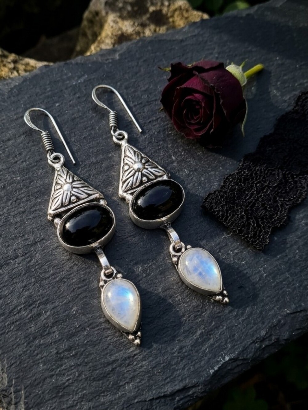 925 Sterling Silver Onyx Moonstone Dangle Earrings Whimsigoth Dark Romance Boho